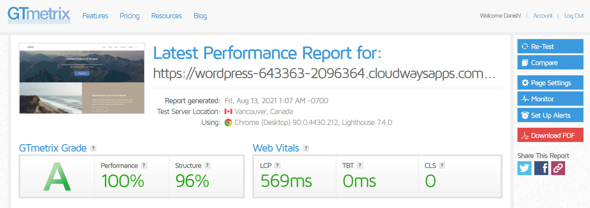 Cloudways performance on GTMetrix