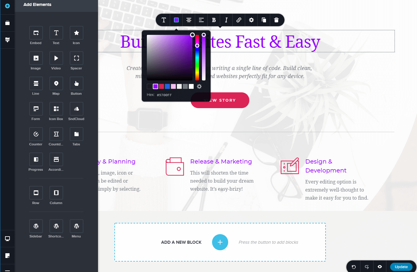 Brizy website builder interface