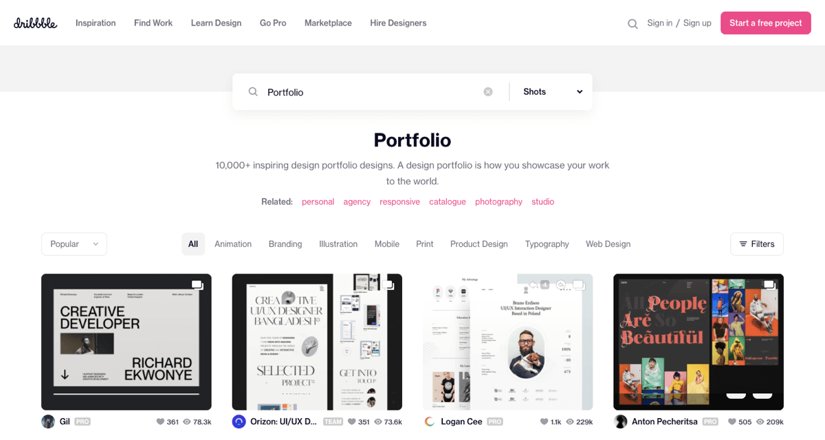 Dribbble portfolio example search results