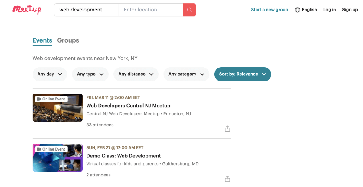 Meetup online web development event search results