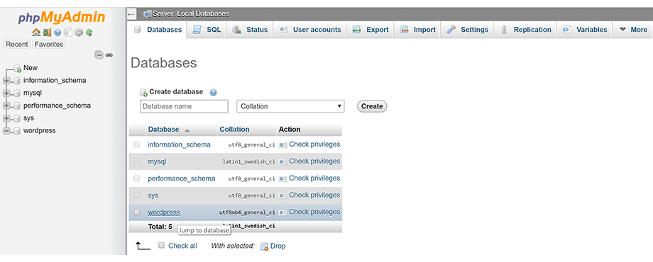 PhpMyAdmin Databases